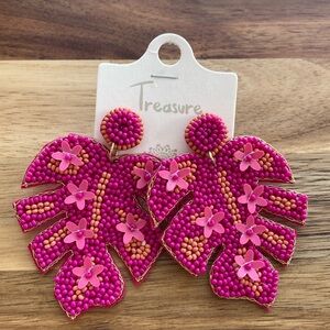 Pink Floral Palm Leaf Beaded Earrings NEW